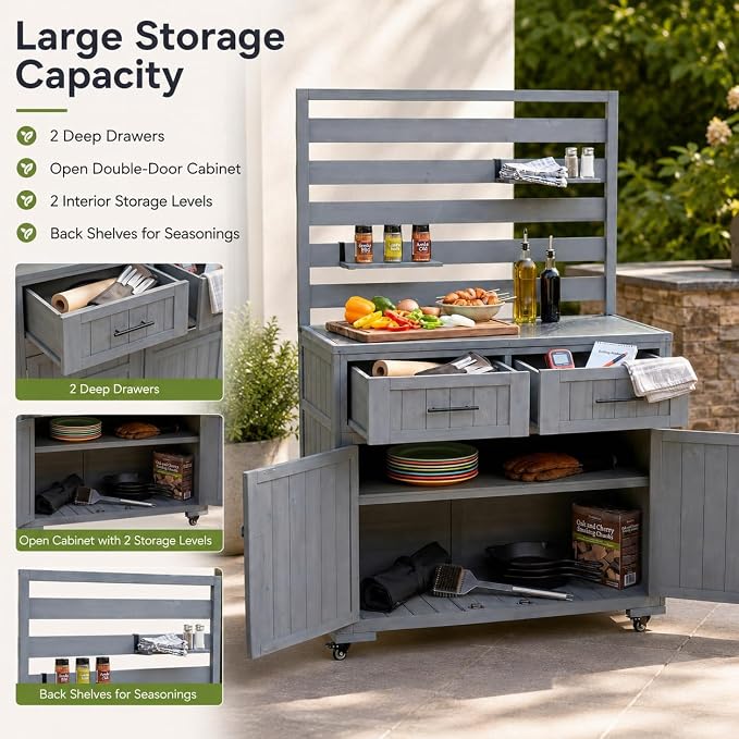 Outdoor Kitchen Island Cart with Stainless Steel Top, Grill Prep Table | Solid fir wood frame, stainless steel top, 64.9 in height, 3 movable shelves, lockable wheels, 110 lb top, BBQ and garden use