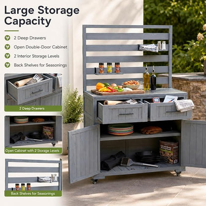 Outdoor Kitchen Island Cart with Stainless Steel Top, Grill Prep Table | Solid fir wood frame, stainless steel top, 64.9 in height, 3 movable shelves, lockable wheels, 110 lb top, BBQ and garden use