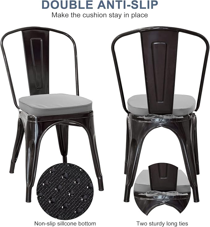 GUEGLSA Outdoor Waterproof Seat Cushions 14x14 inch, Non Slip Metal Chair Pad with Ties, U Shaped Chair Cushion for Kitchen Dining Patio Chair, Set of 2, Grey