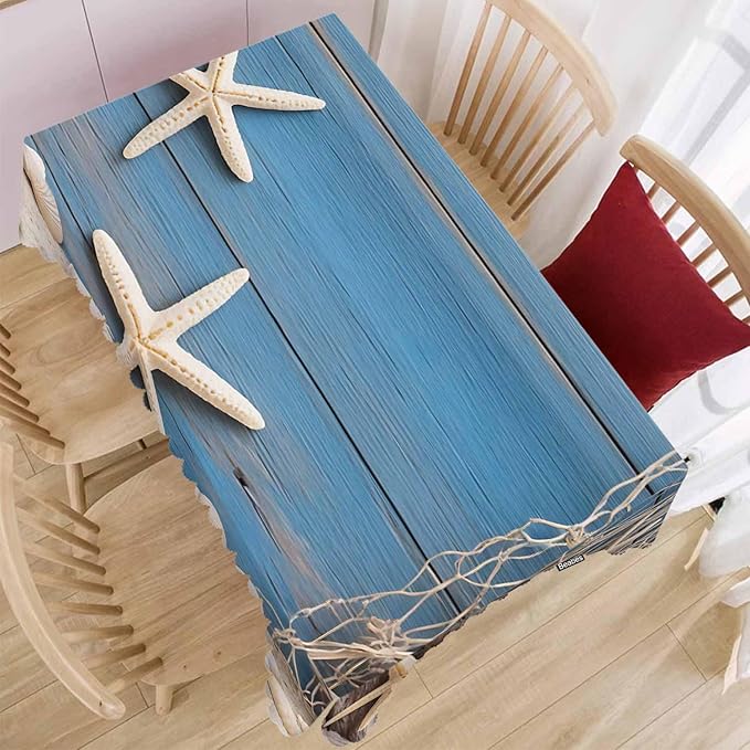 52x70 Inch Tablecloth Starfish Seashell, Beach Seashells Fishnet Rustic Wood Non-Fading Table Covers Kitchen Dinning Tabletop Decoration, Washable Table Cloth for Outdoor and Indoor Use