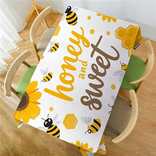 Swono Tablecloth 52"X70" Bees Yellow, Sweet Honey Sunflowers Bees Rectangle Table Cover Anti-Oil Tablecloth for Dining Tables, Parties, Wedding and Banquet Decoration