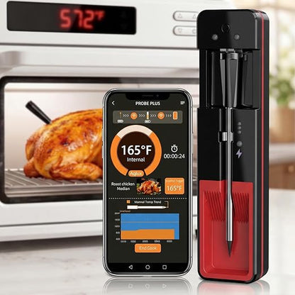 ±0.5°F Accurate Shows Internal Temp Wireless Meat Thermometer | Smart 3-Step App Easy Setup Ready in 1 Mins - 24 Hours Probe Lasts All-Day Withstands Max 572°F Heat Oven Safe