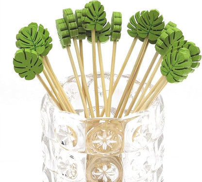 Minisland Green Monstera Leaf Cocktail Picks, 5 Inch Long Bamboo Fancy Toothpicks for Appetizers, Decorative Summer Tropical Hawaiian Party Food Drinks Garnish Fruit Skewer Sticks 100 Counts -MSL174