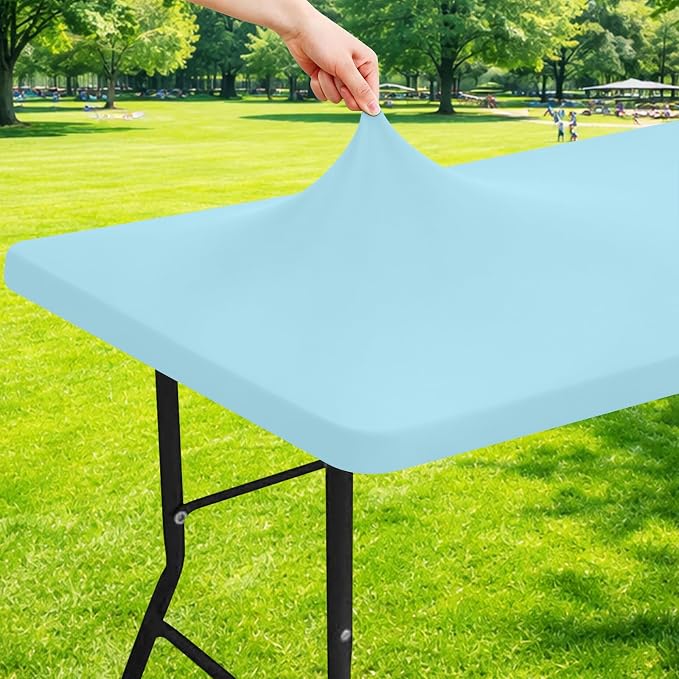 Moosfor Spandex 8 Foot Rectangle Table Cloth, Elastic Fitted Tablecloths for Picnic, Stretch Washable Patio Table Cover for Outdoor, Camping, Banquet and Parties (Baby Blue, 30"x96")