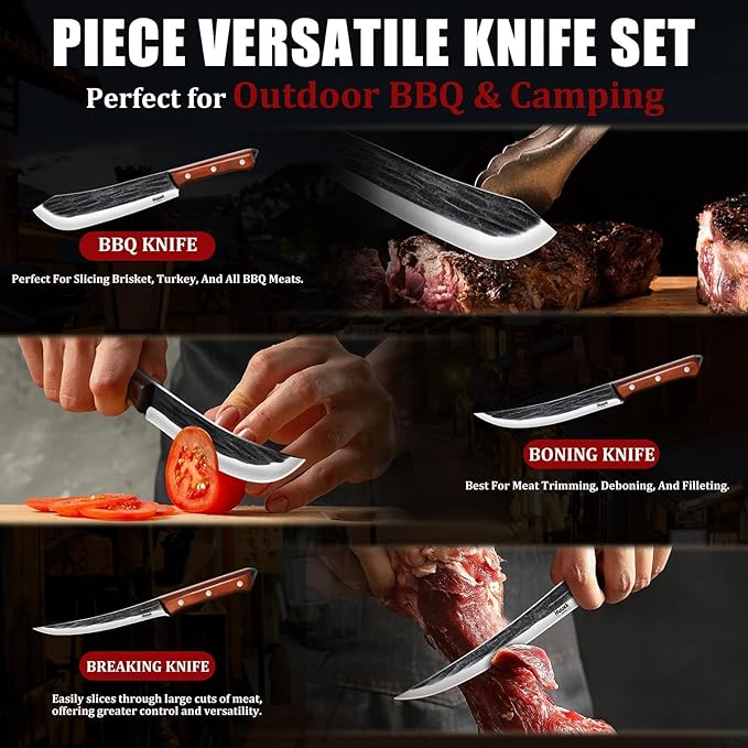 Huusk Butcher Knife Set for Meat Cutting, 3PCS Carving BBQ Brisket Knives, Hand-forged Kitchen Knive Set with Ergonomic Handle, Gifts for Men Women