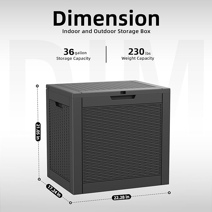 36 Gallon Waterproof Outdoor Storage Box,Deck Boxs for Outdoor and Indoor Use,Deck Storage Box for Picnic Supplies,Gardening Tools,Lockable and Easy to Install(Black)