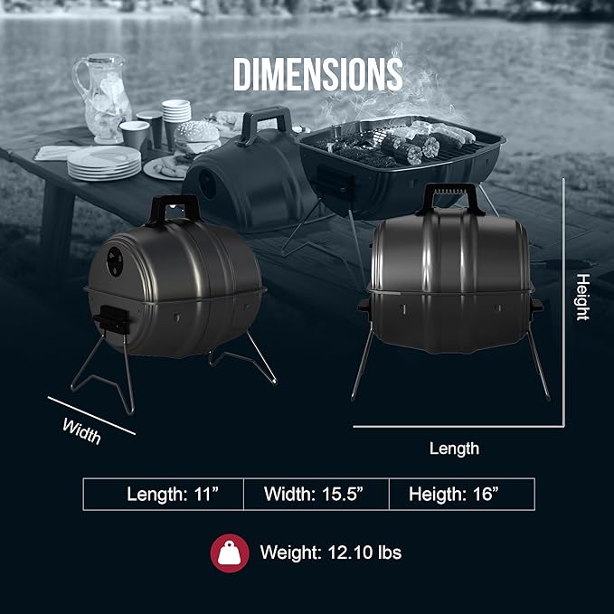 Americana Grills Keg A Que Charcoal BBQ Grill, Portable Outdoor Barbecue with Durable Powder Coated Hood and Bowl, 186 Square Inch Cooking Area, Black