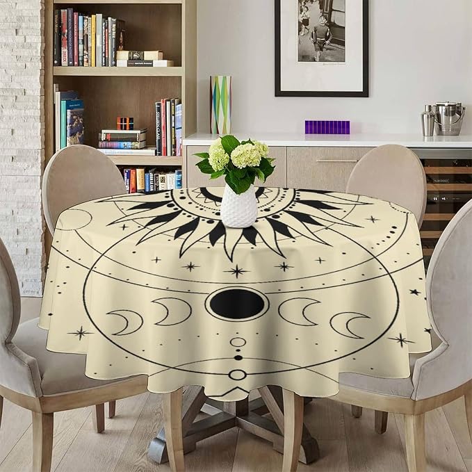 Vintage Tarot Moon Sun Round Tablecloth Moon Phase Star Galaxy Space Esoteric Astrology Table Cloth Water Resistant Wipeable Table Cover for Farmhouse Picnic Party Holiday Kitchen Dinner Table 36"