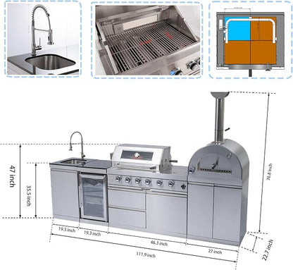 112-Inch 304 Stainless Steel Outdoor Kitchen Island Grill with Pizza Oven, Wine Cooler, Rotisserie, Granite Countertops & Storage Cabinets – 108000 BTU Total Heat Output, Silver