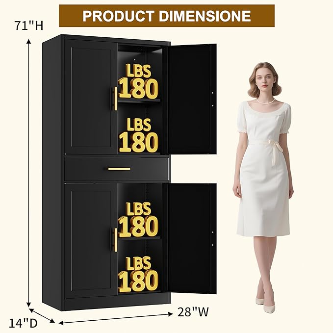 CJF 71" Metal Kitchen Pantry Cabinet with Drawer, Tall Storage Cabinet with 2 Adjustable Shelves and 4 Doors, Heavy Duty Freestanding Floor Cupboard for Home, Kitchen, Dining, Living, Black