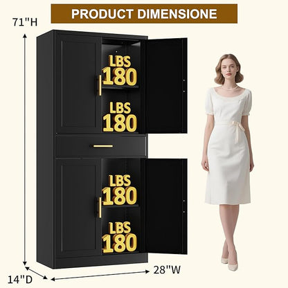 CJF 71" Metal Kitchen Pantry Cabinet with Drawer, Tall Storage Cabinet with 2 Adjustable Shelves and 4 Doors, Heavy Duty Freestanding Floor Cupboard for Home, Kitchen, Dining, Living, Black