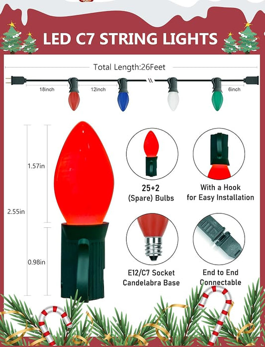 C7 LED Multicolor Christmas Lights, 26Ft Vintage Outdoor Christmas String Lights with 27 Colorful Ceramic LED Bulbs, Connectable Hanging Lights for Holiday Party Backyard Roofline House Xmas Decor