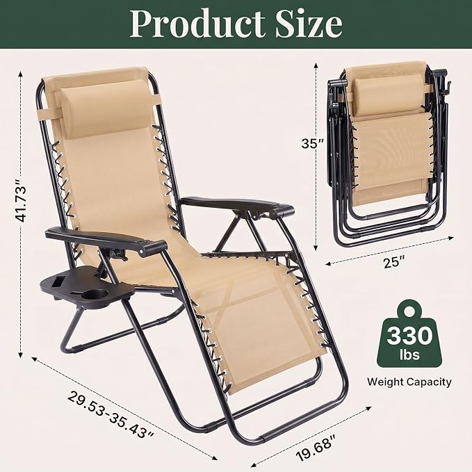 Zero Gravity Chairs Set of 4, Outdoor Folding Lounge Chairs | Foldable Reclining Patio Lawn Chairs with Mesh Back, Adjustable Pillows and Cup Holder Trays, for Pool, Beach, Backyard