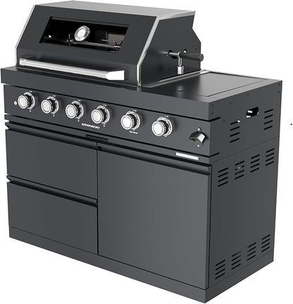97" Outdoor Kitchen Island Grill with Gazebo, 4-Burner 72000 BTU Stainless Steel Propane BBQ, Rotisserie, Refrigerator, Sink, Granite Countertops, Storage Cabinets for Backyard Patio, Black