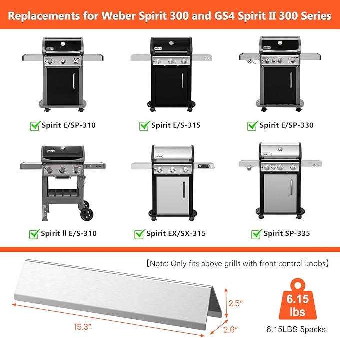 QuliMetal 15.3" Flavorizer Bars for Weber Spirit 300 and GS4 Spirit II 300 Series, Spirit E/S310 E/S315 E/S320 E/S330 Grills with Front Control Knobs, Grill Parts for Weber 7636, Stainless Steel