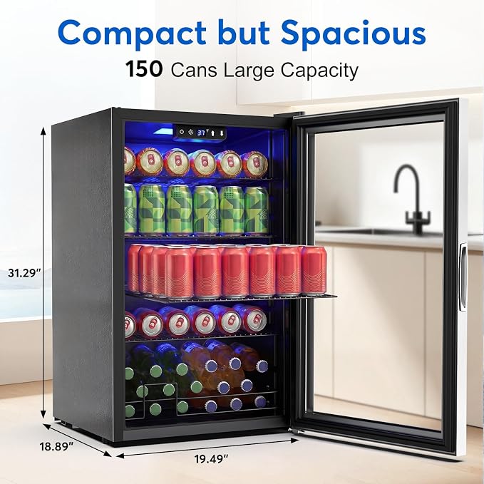 FoMup Beverage Refrigerator 150 Can with Glass Door – Mini Drink Cooler with Reversible Door, Safety Lock & Temperature Control, Small Fridge for Beer Soda Wine, Compact for Dorm Office Hotel