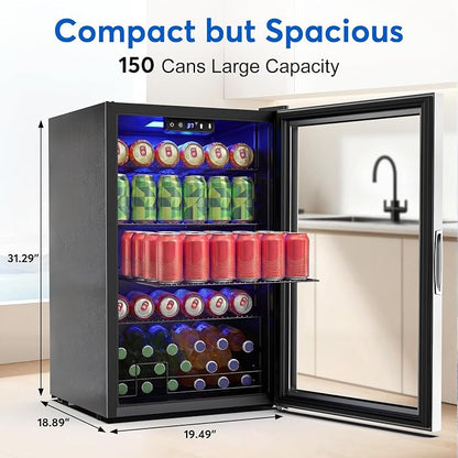 FoMup Beverage Refrigerator 150 Can with Glass Door – Mini Drink Cooler with Reversible Door, Safety Lock & Temperature Control, Small Fridge for Beer Soda Wine, Compact for Dorm Office Hotel