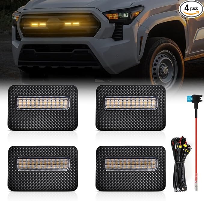 Grille Lights for Tacoma SR SR5 2024-2025, 4Pcs Clear Shell Amber LED Front Grill Light with Wire Harness and Fuse