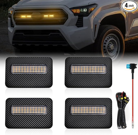 Grille Lights for Tacoma SR SR5 2024-2025, 4Pcs Clear Shell Amber LED Front Grill Light with Wire Harness and Fuse