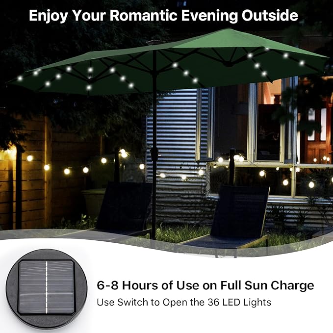 FREE SOLDIER 13ft Patio Umbrella with 36 LED Solar Lights Double Sided Outdoor Umbrella for Patio Table Umbrella with Solar lights for Garden Yard Pool (Dark Green)