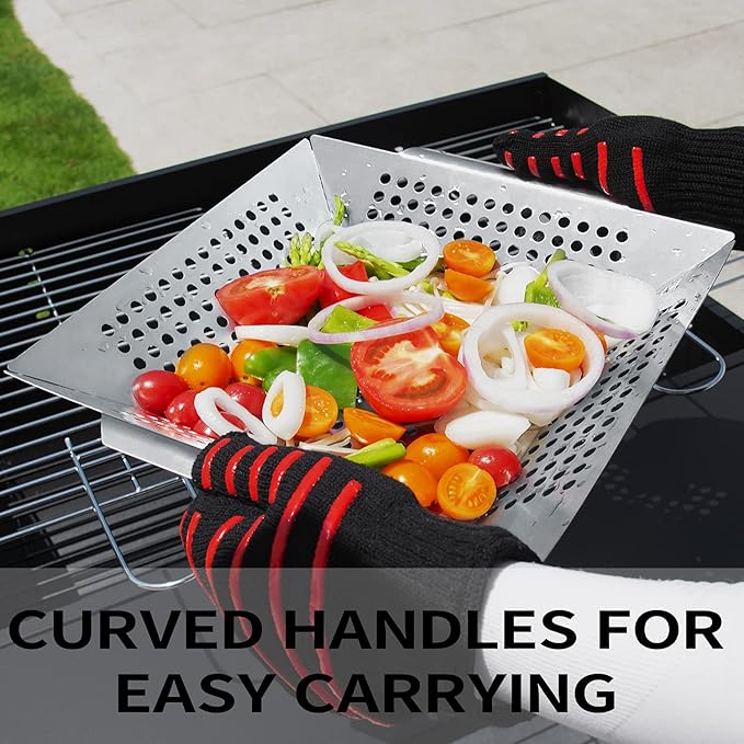JY COOKMENT Grill Basket- Stainless Steel Grilling Basket for Indoor and Outdoor Use, Heavy Duty Vegetables Grill Basket for Veggies and Kabob, Suitable for All Grills, Dishwasher Safe