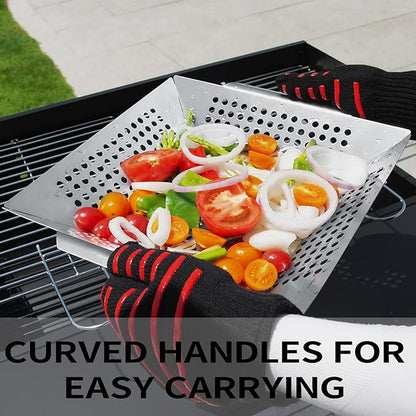 JY COOKMENT Grill Basket- Stainless Steel Grilling Basket for Indoor and Outdoor Use, Heavy Duty Vegetables Grill Basket for Veggies and Kabob, Suitable for All Grills, Dishwasher Safe