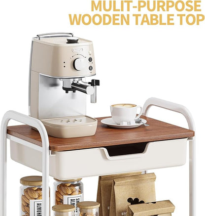 TOOLF 3 Tier Rolling Cart with Drawer, Metal Utility Storage Cart, White | Wooden Tabletop, Lockable Metal Wheels, Trolley Organizer for Bathroom, Kitchen, Office, Nursery, Dorm, Laundry, Craft Room