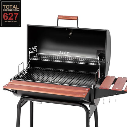 Royal Gourmet CC1830V 30 Barrel Charcoal Grill with Wood-Painted Side Front Table, 627 Square Inches Cooking Space, for Outdoor Backyard, Patio and Parties, Black