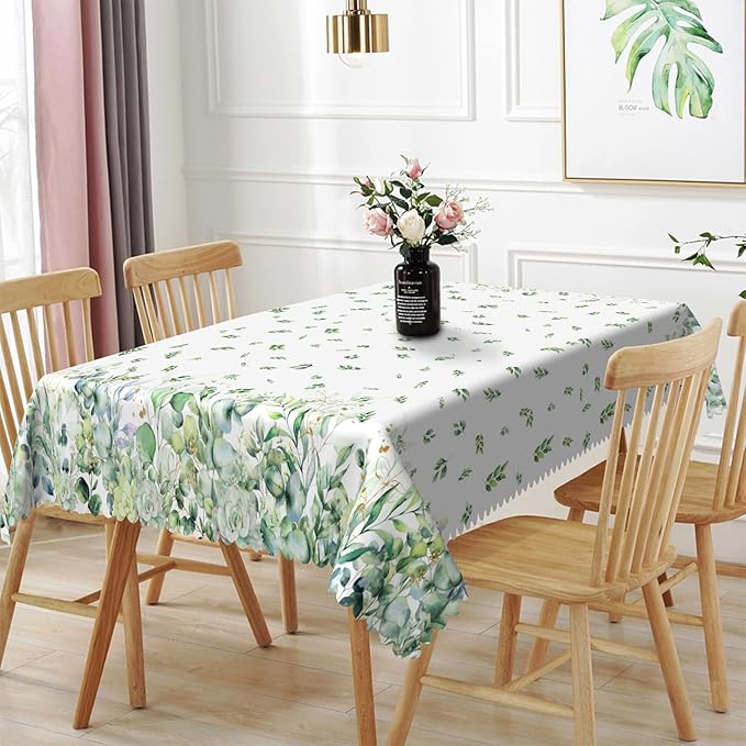 Floral Rectangular Tablecloth 60"x84" – Green Eucalyptus and Flower Design, Fabric Waterproof Table Cloth for Dining, Kitchen, Outdoor BBQ and Picnic Party Decor