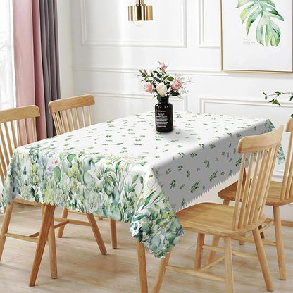 Floral Rectangular Tablecloth 60"x84" – Green Eucalyptus and Flower Design, Fabric Waterproof Table Cloth for Dining, Kitchen, Outdoor BBQ and Picnic Party Decor
