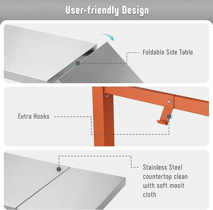 Feasto 43" Lx20 W Grill Table with Folding Side Table & Undershelf, Orange | Stainless Steel Tabletop, Foldable Side Shelf, Sturdy Undershelf, for Pizza Ovens, BBQ Grills, & Prep Work (Hooks Included)