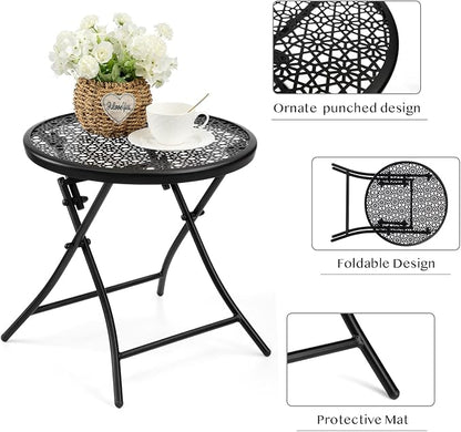TeoKJ Folding Small Outdoor Side Table, No Assembly Metal Desk, Black x 2 | Metal Round Anti Rust Patio Table, Small Nightstand with Flower Cutouts, for Porch Yard, Balcony, Lawn, Pool, Lightweight
