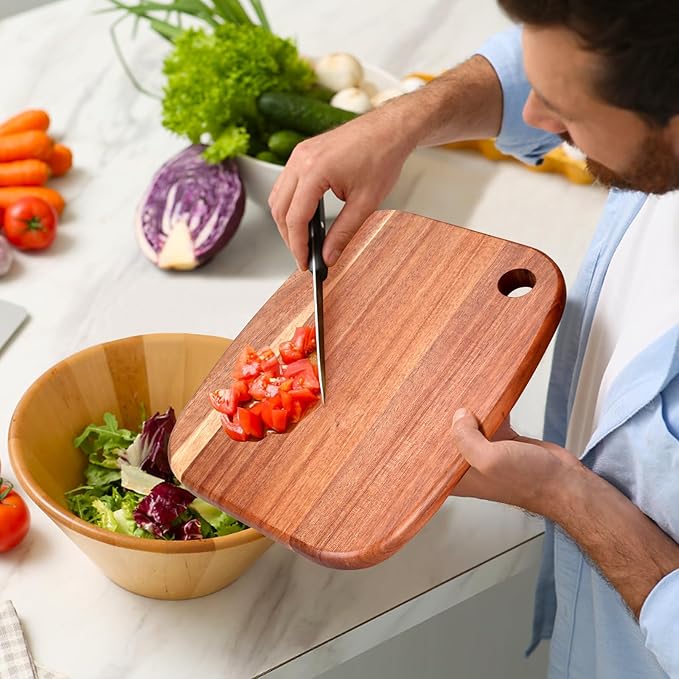 Small Acacia Wood Cutting Boards for Kitchen with Hanging – Medium Wooden Cutting Board for Vegetables, Fruit, Bread, Meat, Cheese, Charcuterie - BPA Free, 10" x 8"