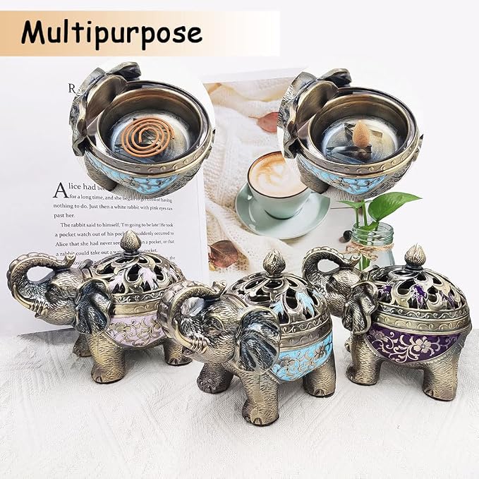 Hourwof Metal Elephant Incense Holder,Vintage Cone Coil Incense Burner with Lid,Ash Catcher,Aromatherapy Ornament Home Office Decor (Light Blue)
