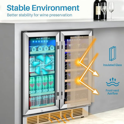 30 Inch Wine and Beverage Refrigerator Dual Zone Wine Fridge Beverage Cooler with Glass Door, Large Capacity Holds 110 Cans and 30 Bottles Built In or Freestanding for Home Bar, Kitchen