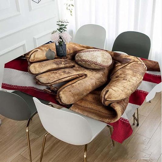 TKS MITLAN American Flag Tablecloth 60x84 Inch Rectangular Vintage Red Brown Baseball Bat Glove on USA Flag Oblong Table Cloth Kitchen Table Decorations for Home Dinner Party