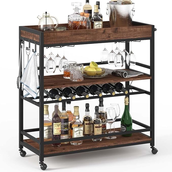 Bar Cart for The Home, Rolling Home Bar Serving Cart on Wheels, 3 Tier Liquor Beverage Carts with Wine Rack and Glass Holder (Rustic Oak)