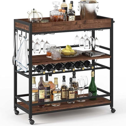 Bar Cart for The Home, Rolling Home Bar Serving Cart on Wheels, 3 Tier Liquor Beverage Carts with Wine Rack and Glass Holder (Rustic Oak)
