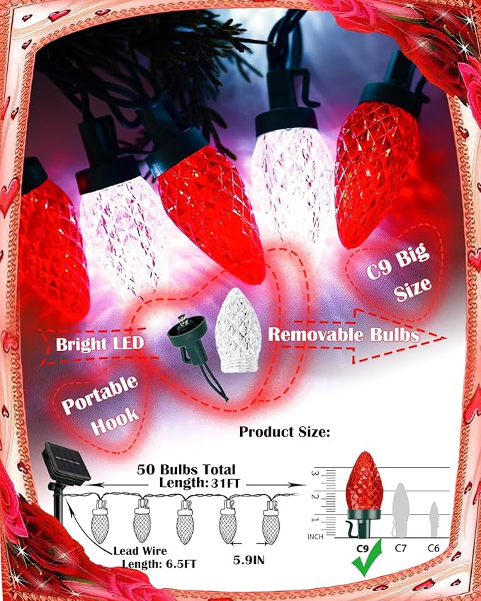 C9 Red White Strawberry Solar String Lights, 31FT 50 LED Ultra Bright Fairy Lights, 8 Modes IP65 Waterproof Green Wire for Outdoor Christmas Wedding Valentine Garden Decor