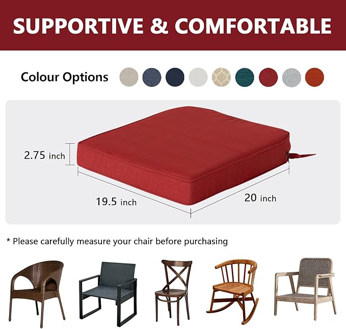 Goodgoods 19.5 x 20 Outdoor Chair Cushions Set of 4, Fade-Resistant & Water-Resistant Patio Seat Cushion Pads with Ties, 30D High-Resilience Foam for Dining Room Kitchen Chairs, Chili