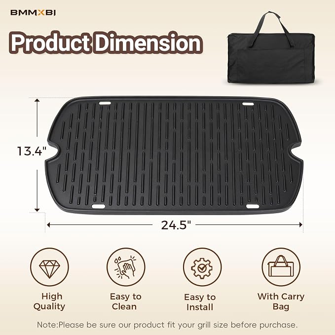 Cast Iron Griddle with Carry Bag for Weber Traveler Grill 9010001 9020001 | 7034 Griddle Insert Replacement Parts for Weber Traveler Portable Grill 9030001 9013001 9011701 Flat Top Griddle Accessories