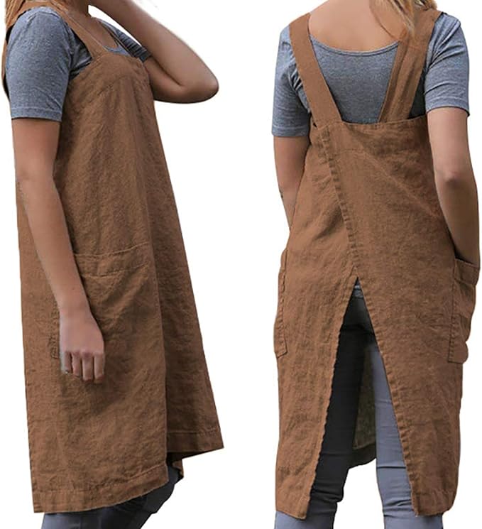 TBA Cotton Linen Apron Cross Back Apron for Women with Big Pockets Square Pinafore Dress for Baking Cooking BBQ & Grill