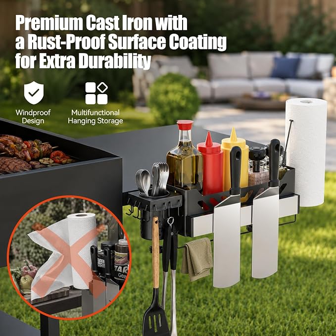 Griddle Caddy, Universal Griddles & Grill Caddy for Blackstone Accessories | with Windproof Paper Towel Holder & Magnetic Tool Holder & Knife, Fork, Skewer Holder & 6 J-Hooks