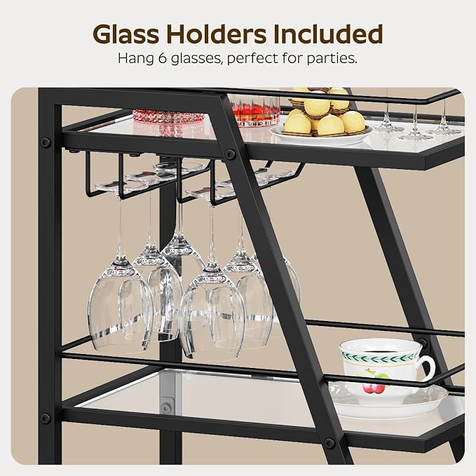 Bar Cart, 3-Tier Home Bar Serving Cart with Wheels, Drink Cart with Glass Holder, Beverage Cart, Rolling Kitchen Cart, for Home, Living Room, Transparent and Black BC03BK