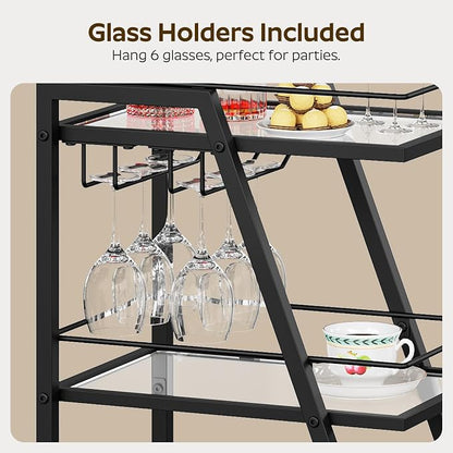 Bar Cart, 3-Tier Home Bar Serving Cart with Wheels, Drink Cart with Glass Holder, Beverage Cart, Rolling Kitchen Cart, for Home, Living Room, Transparent and Black BC03BK
