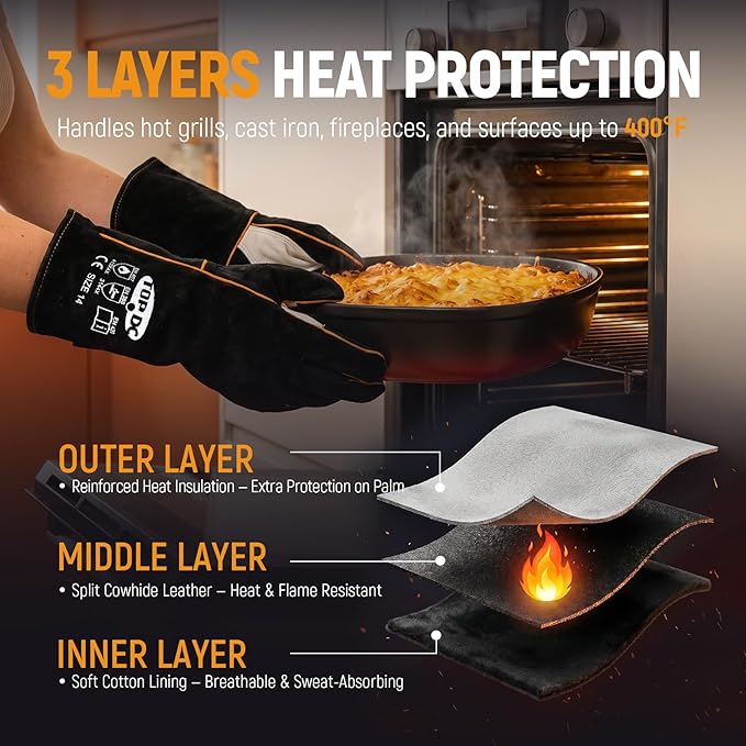 TOPDC Welding Gloves 14 Inch, 482°F Heat Resistant Leather Gloves for Fireplace BBQ Grill Fire Pit Campfire Wood Stove, Kevlar Stitching CE Certified, MIG Stick Forge Furnace Oven Animal Handling