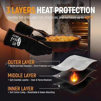 TOPDC Welding Gloves 14 Inch, 482°F Heat Resistant Leather Gloves for Fireplace BBQ Grill Fire Pit Campfire Wood Stove, Kevlar Stitching CE Certified, MIG Stick Forge Furnace Oven Animal Handling