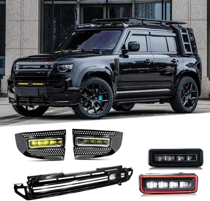 T T-ABC New Accessories Set Compatible with 2020-2025 Land Rover Defender Grill Lights 110 130 90 Fog Light P300 P400 P500 P525 Rear Bumper Lamp All Edition LED Trim Custom Front Replacement (GS+F+RN)