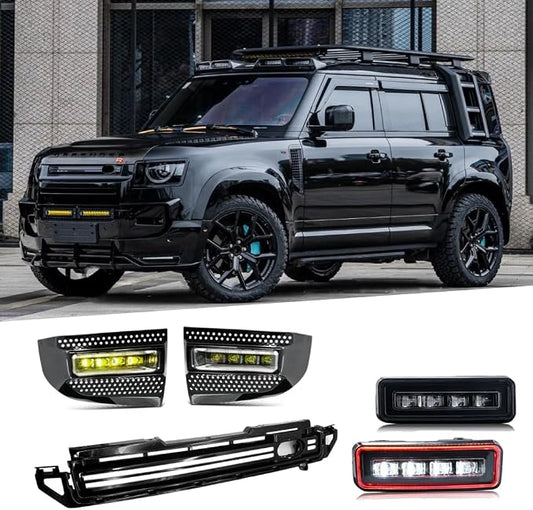 T T-ABC New Accessories Set Compatible with 2020-2025 Land Rover Defender Grill Lights 110 130 90 Fog Light P300 P400 P500 P525 Rear Bumper Lamp All Edition LED Trim Custom Front Replacement (GS+F+RN)