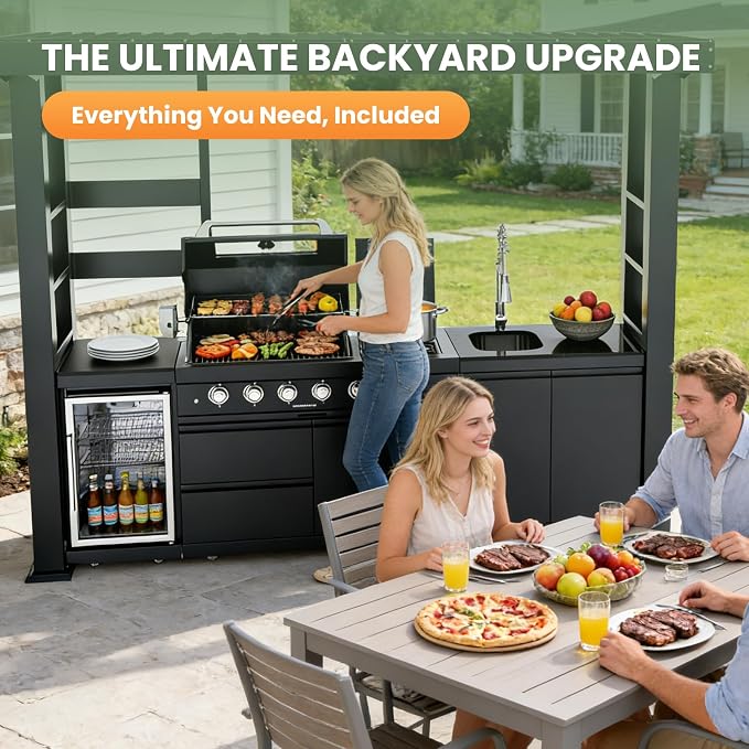 Stainless Steel Outdoor Kitchen Island 110" with 4-Burner 72000 BTU,Propane Grill with Side Burner,Rotisserie Oven,Galvanized Steel Roof,Granite Countertops,Refrigerator,Storage,Sink.(Propane Gas)